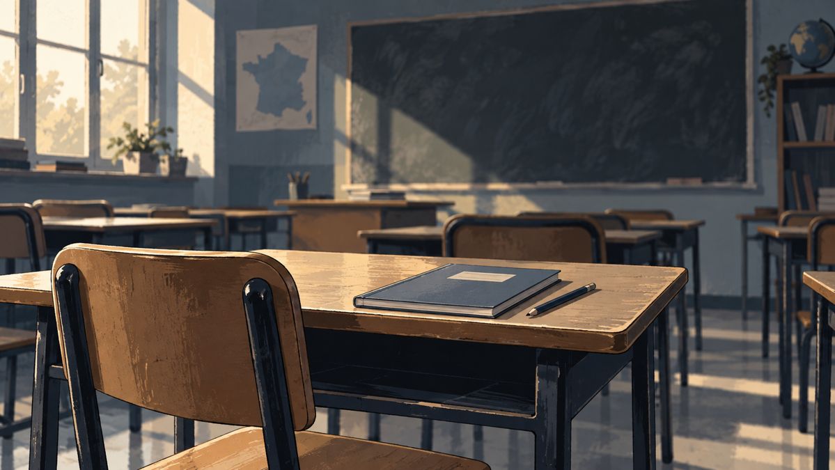Illustration d’une salle de classe fictive vide, avec un cahier sur une table.